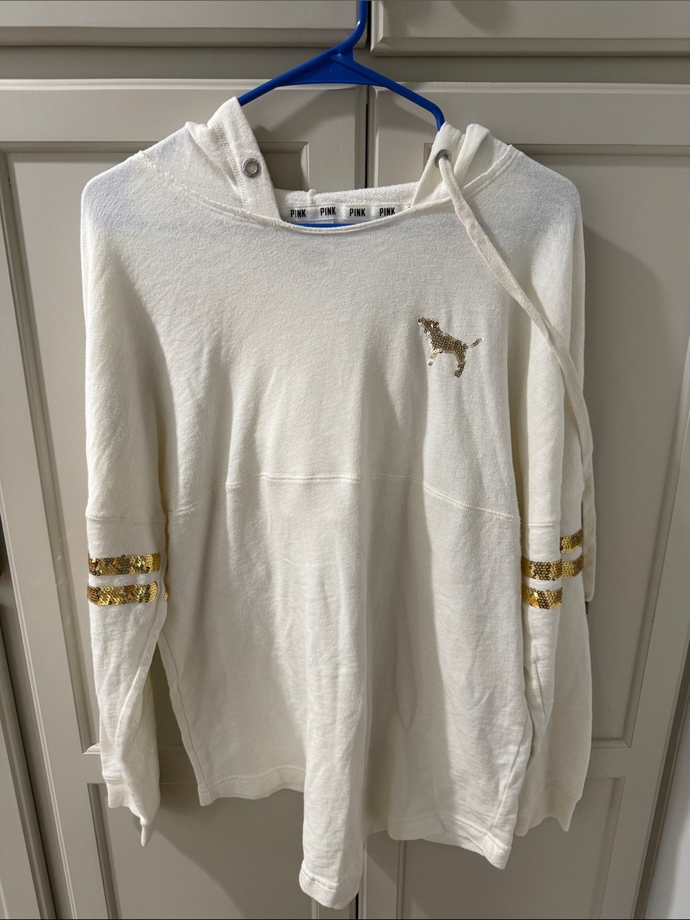 PINK Victoria's Secret Women’s Cream Hoodie with Gold Sequin Dog Accent